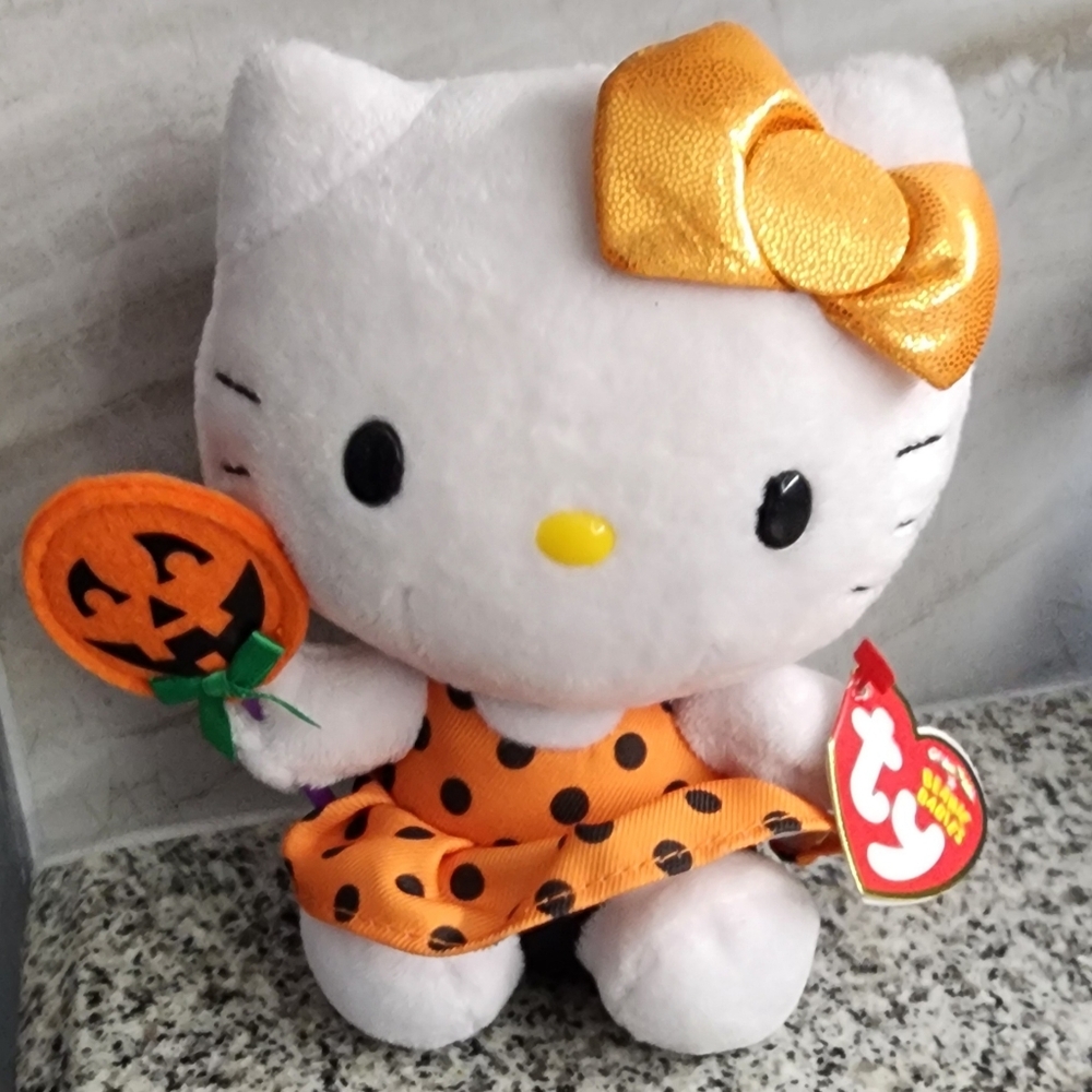 NWT Ty Beanie Babies Hello Kitty Halloween Pumpkin Lolipop Beanie Baby Retired